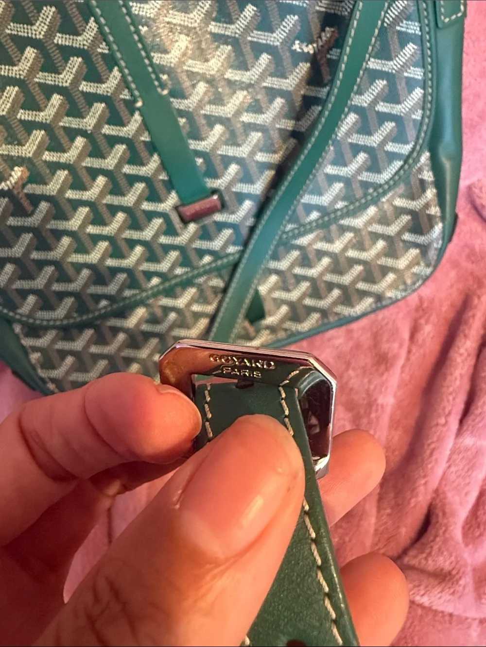 Goyard Green Goyardine Messenger Bag with Signature Chevron Print